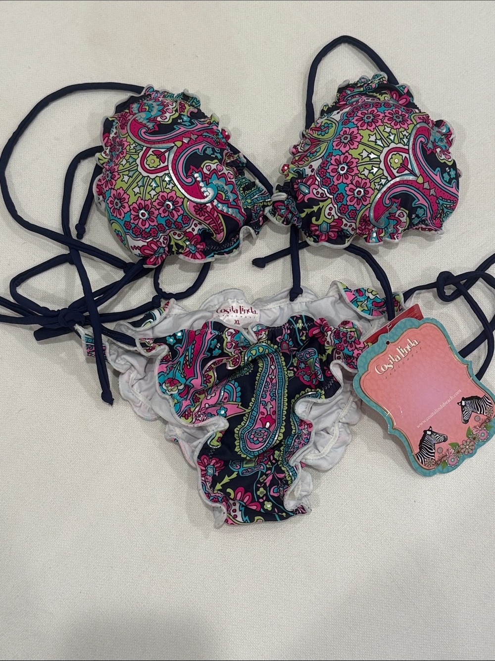 Coco & Lola Paisley Ruffle Bikini Set - Pink & Navy
